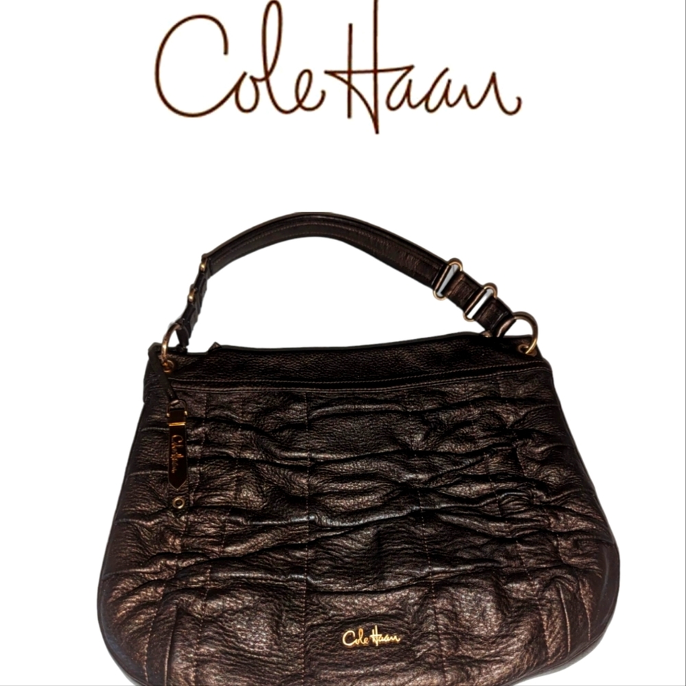 Cole Haan Bronze Brown Soft Pebbled Leather Ruched Shoulder Hobo Purse B…